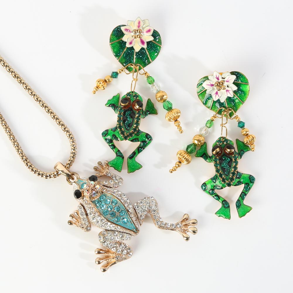 Whimsical Gold Tone Frog Themed Jewelry