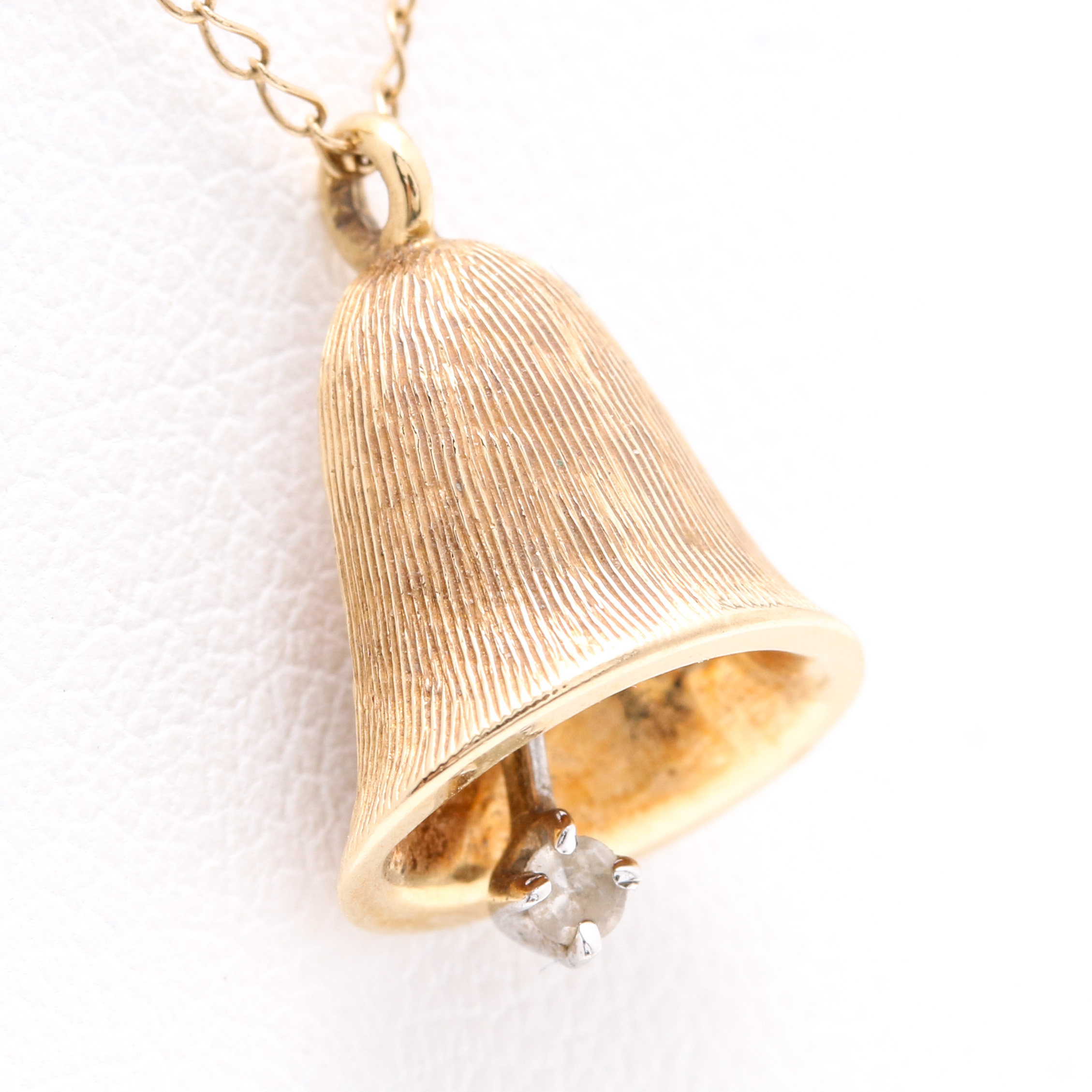 14K Yellow Gold Necklace With Bell Charm and Diamond Clapper