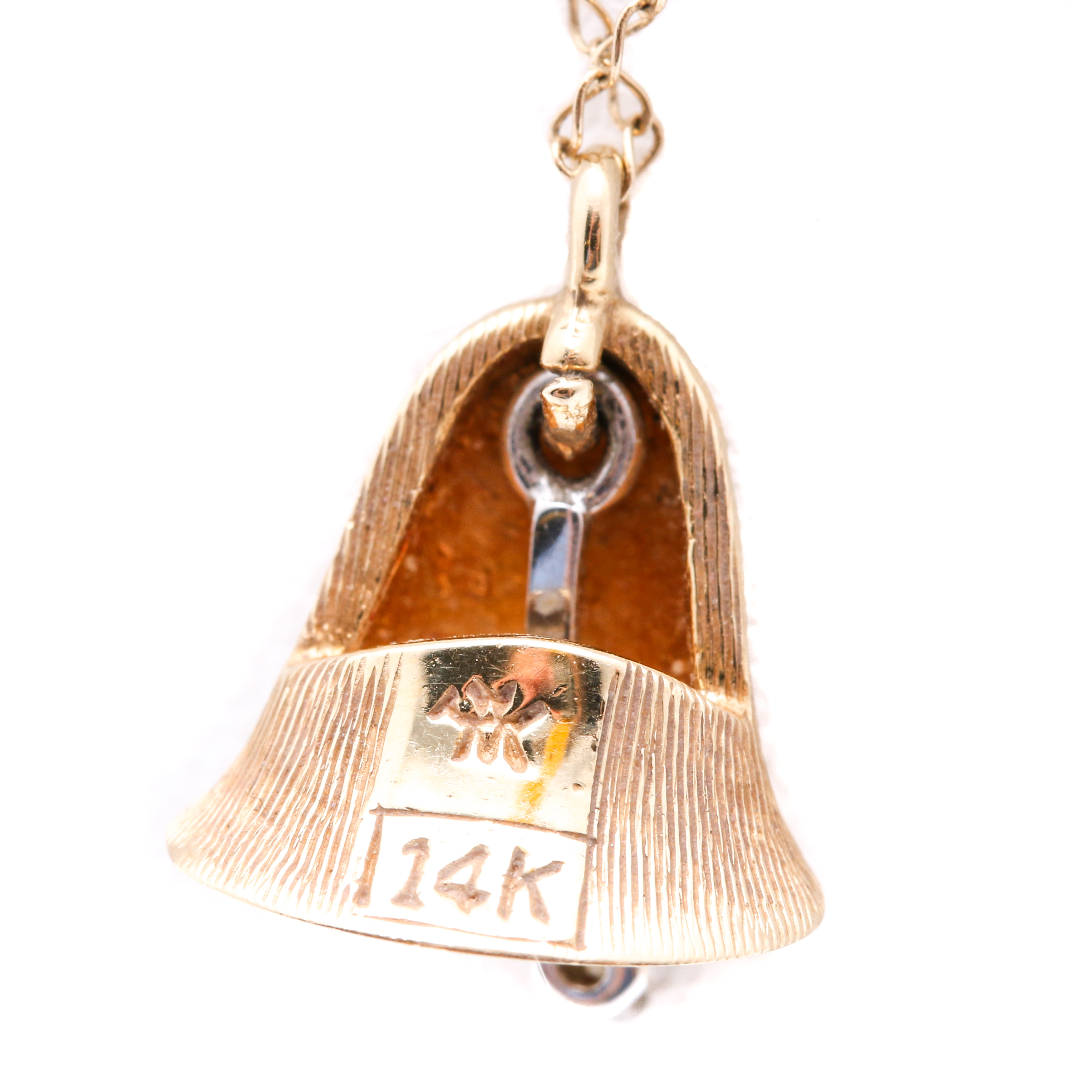 14K Yellow Gold Necklace With Bell Charm and Diamond Clapper