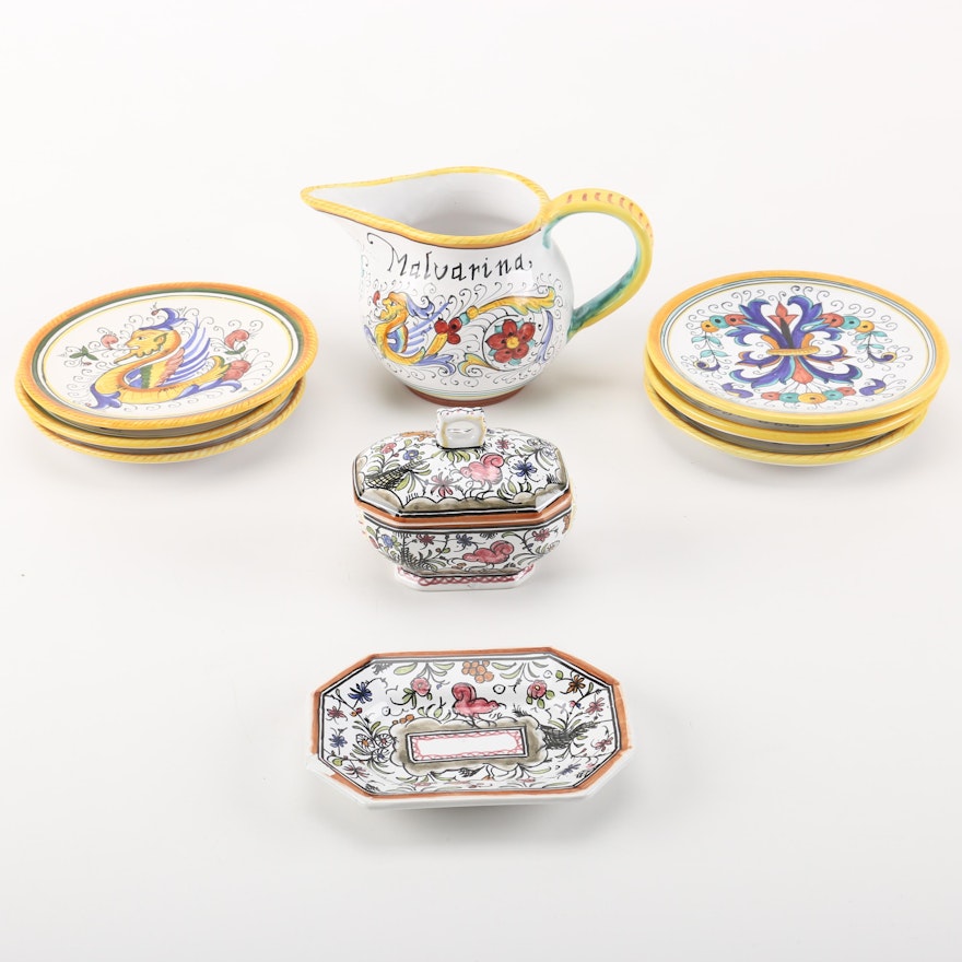 Hand-Painted Italian Deruta and Portuguese Tableware