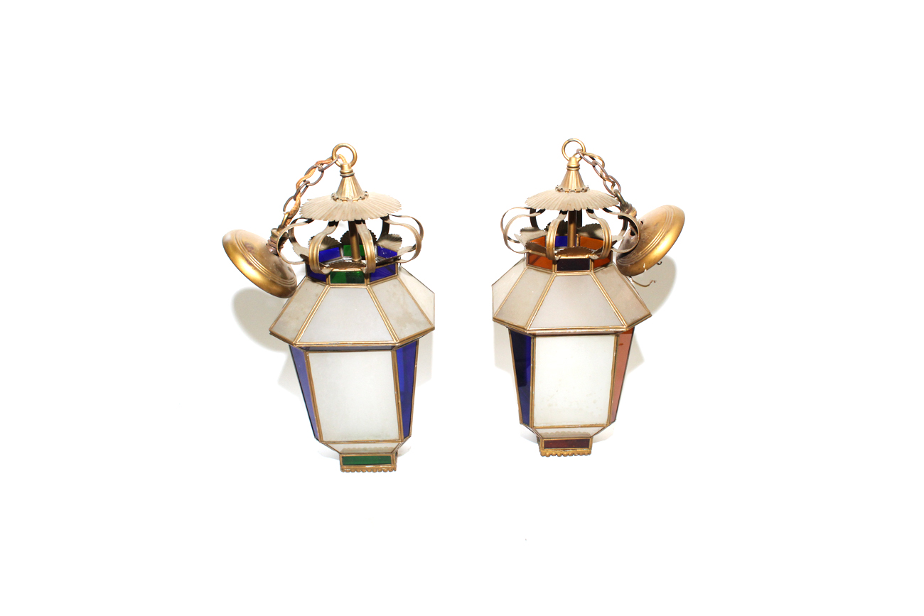 Pair Of Vintage Colored Glass Hanging Light Fixtures