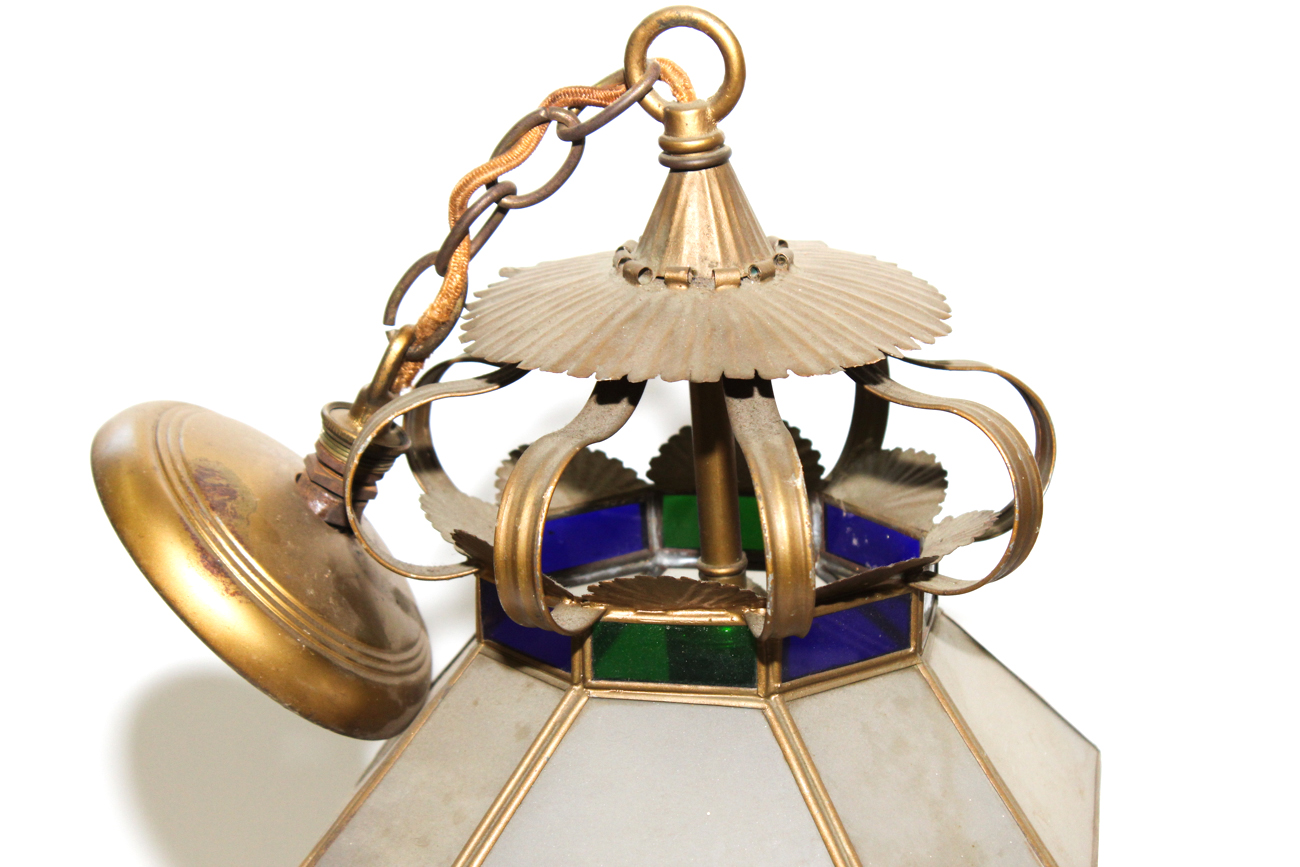 Pair Of Vintage Colored Glass Hanging Light Fixtures