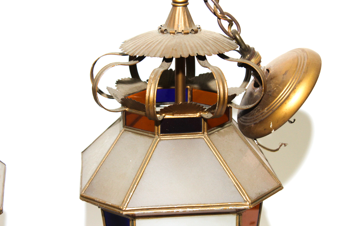 Pair Of Vintage Colored Glass Hanging Light Fixtures