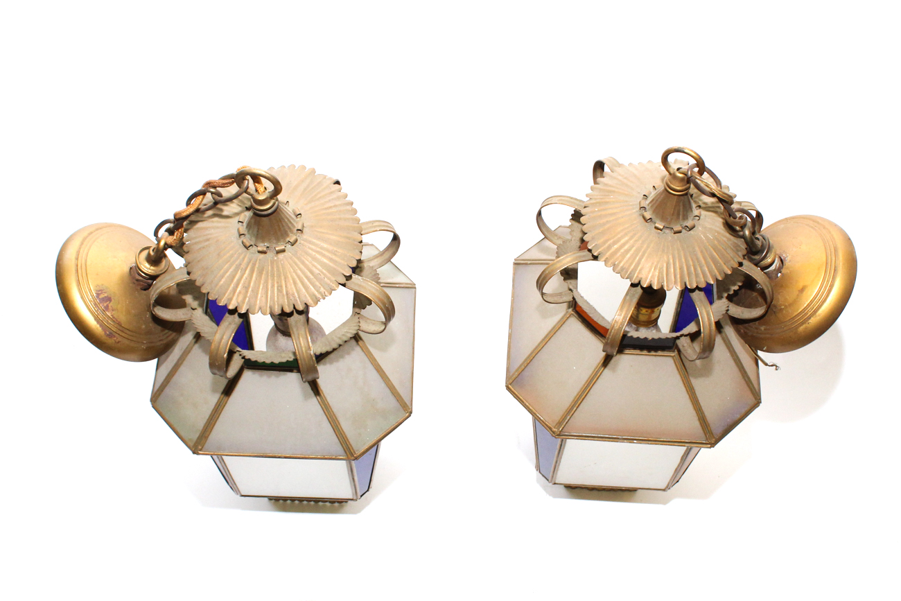 Pair Of Vintage Colored Glass Hanging Light Fixtures