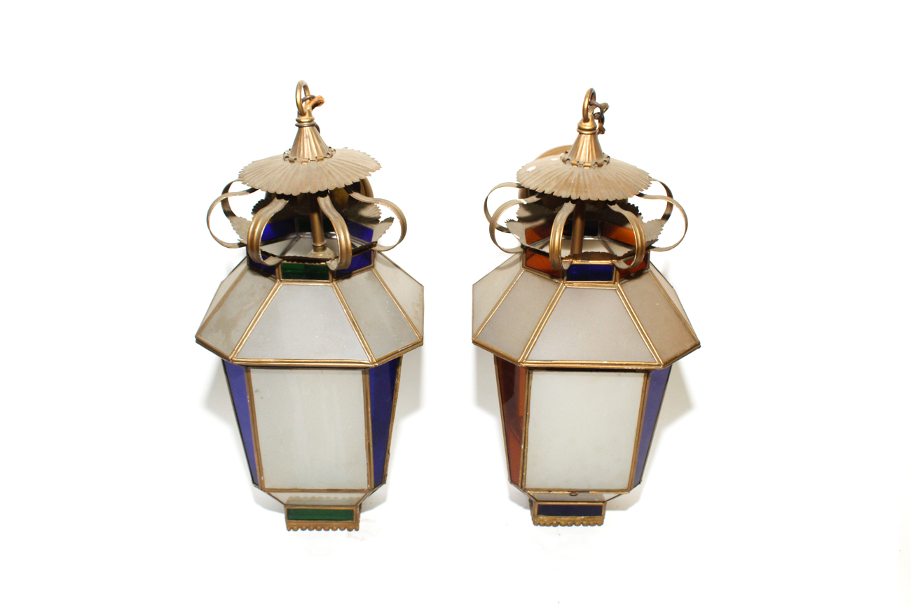 Pair Of Vintage Colored Glass Hanging Light Fixtures