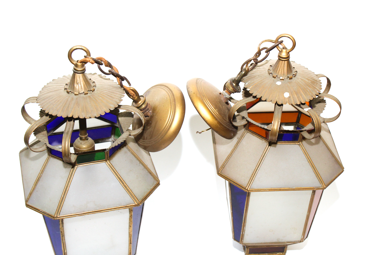 Pair Of Vintage Colored Glass Hanging Light Fixtures