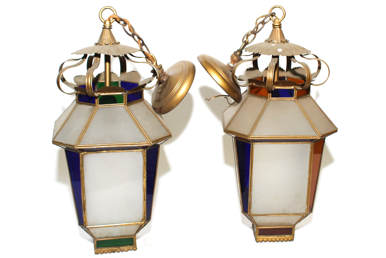 Pair Of Vintage Colored Glass Hanging Light Fixtures