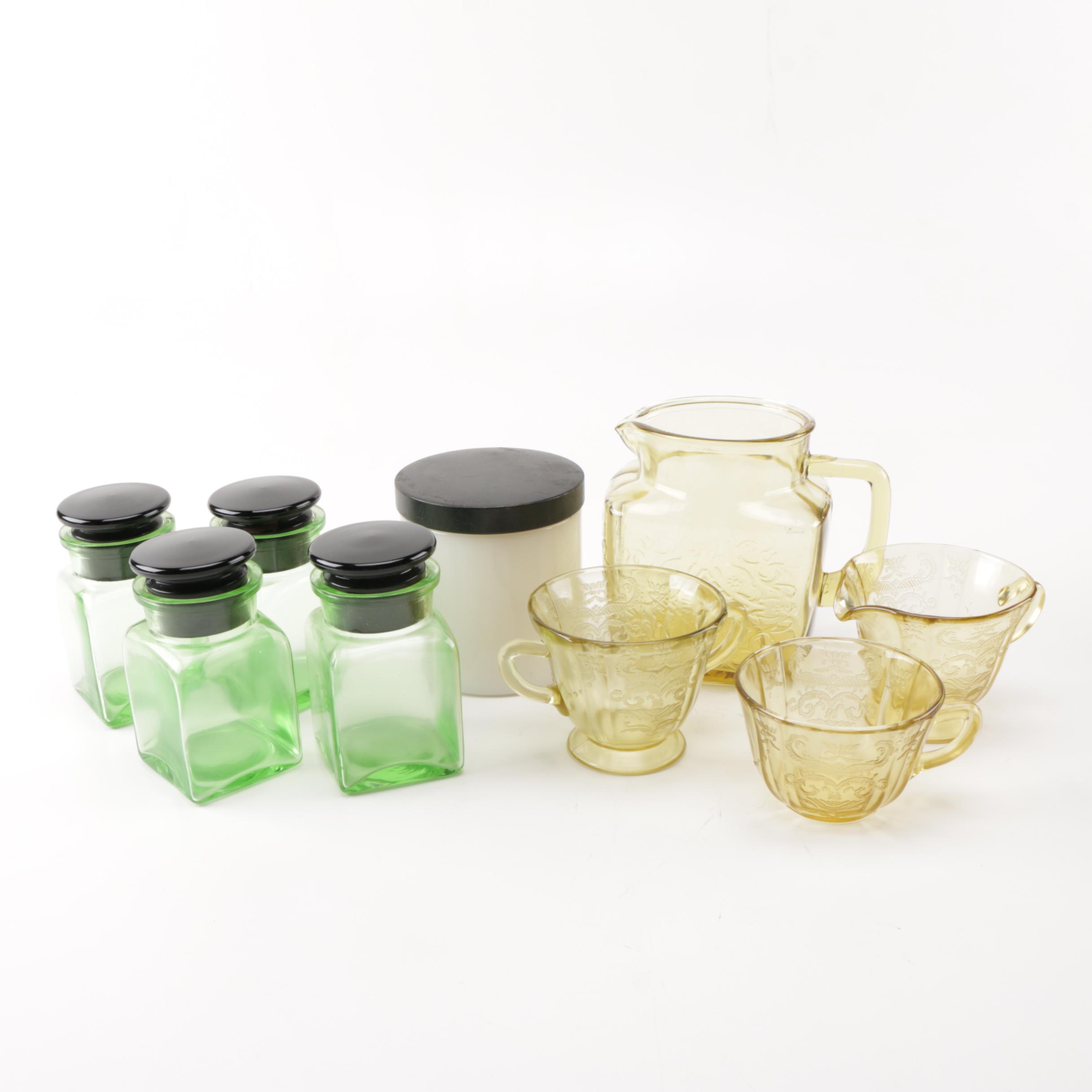 Vintage Apothecary Jars and Yellow Depression Glass Serveware