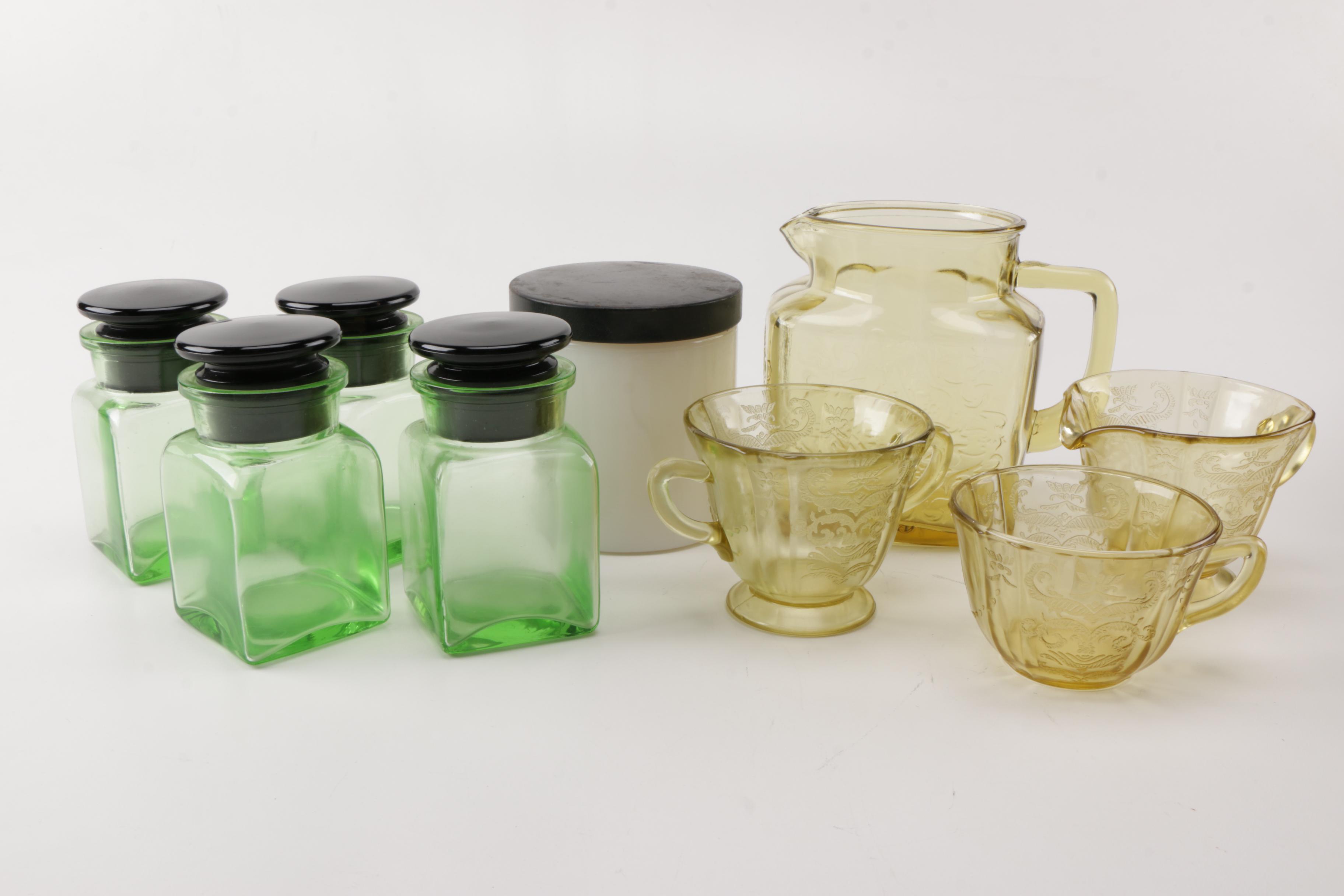 Vintage Apothecary Jars and Yellow Depression Glass Serveware