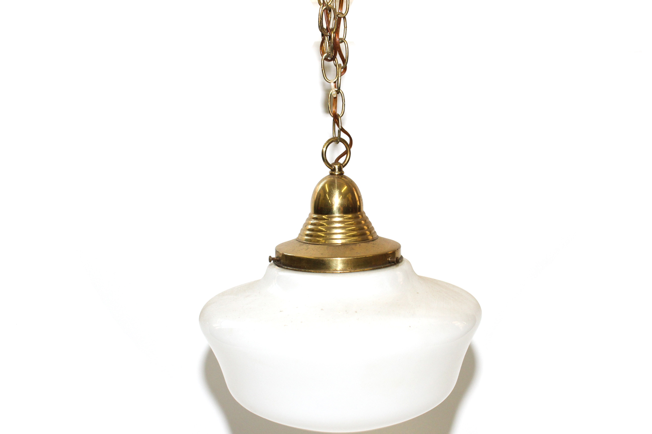 Vintage White Glass Pendant Light With Brass Frame