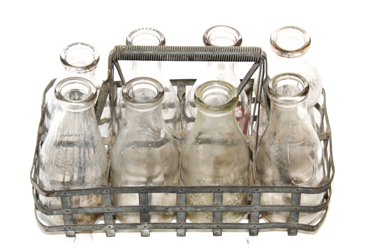 Eight Vintage Milk Jugs in Metal Delivery Basket