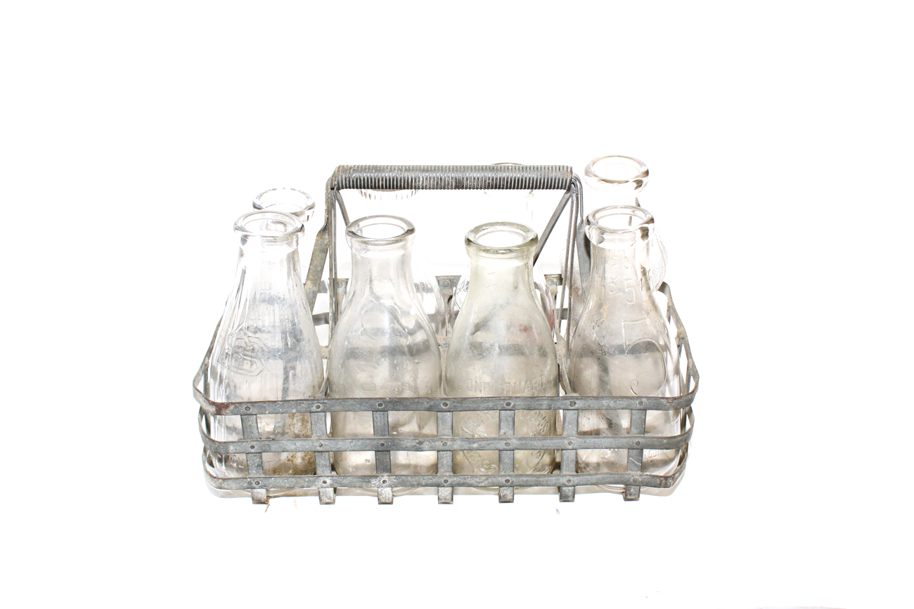Eight Vintage Milk Jugs in Metal Delivery Basket