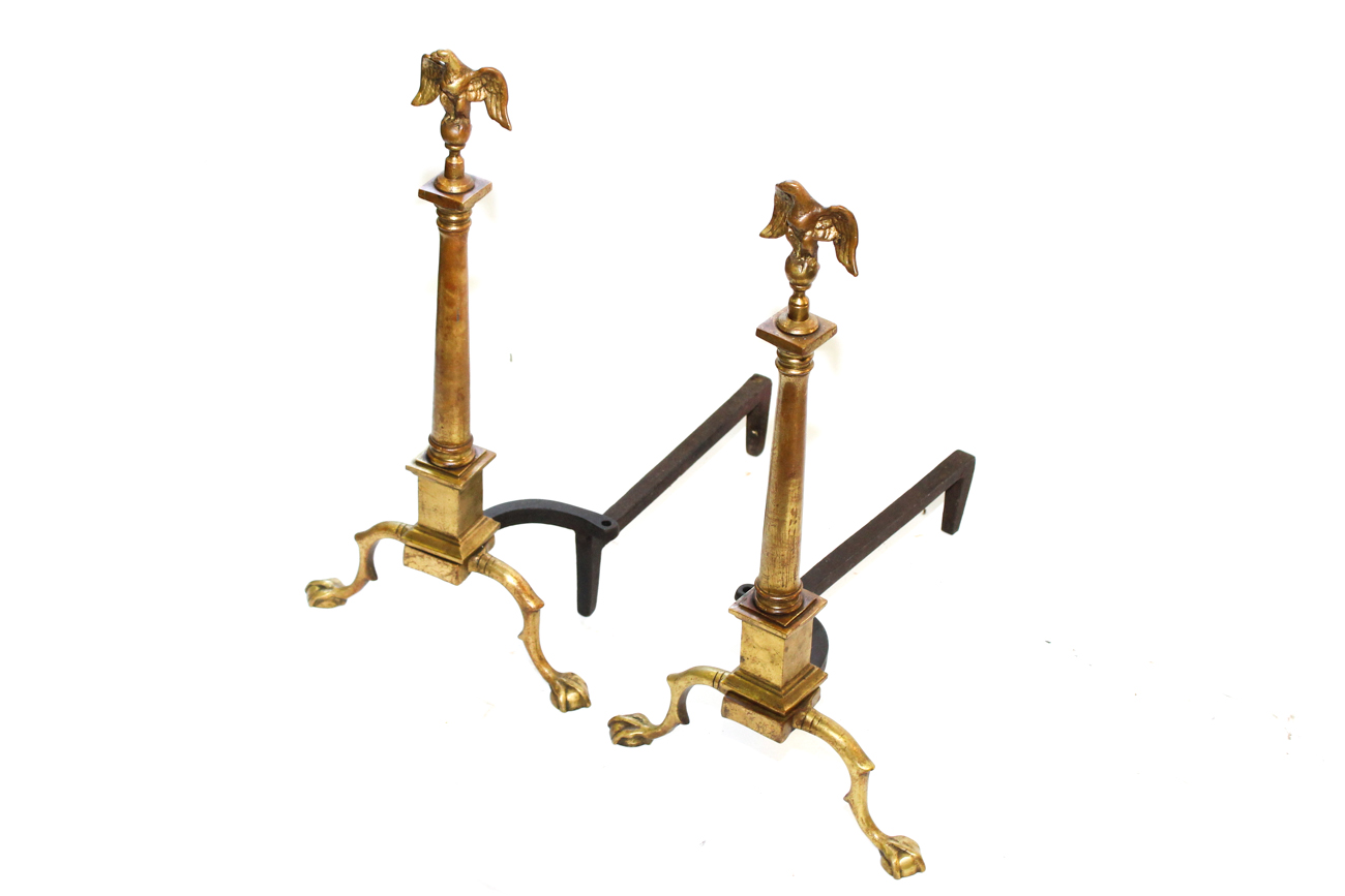 Pair of Vintage Brass Andirons with Eagle Finial