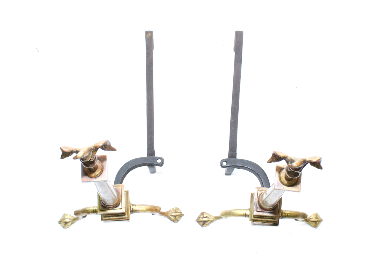 Pair of Vintage Brass Andirons with Eagle Finial