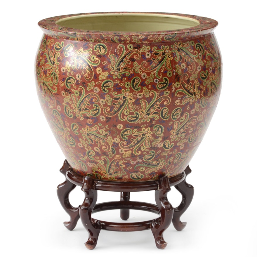 Asian-Inspired Fish Bowl Ceramic Pot with Stand