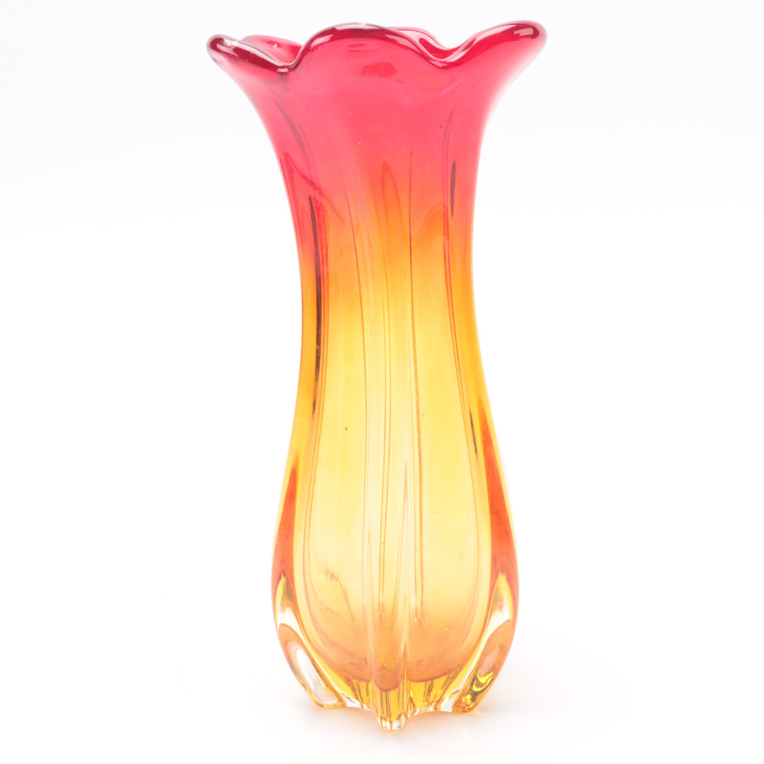 Pink and Orange Ombré Art Glass Tulip Vase