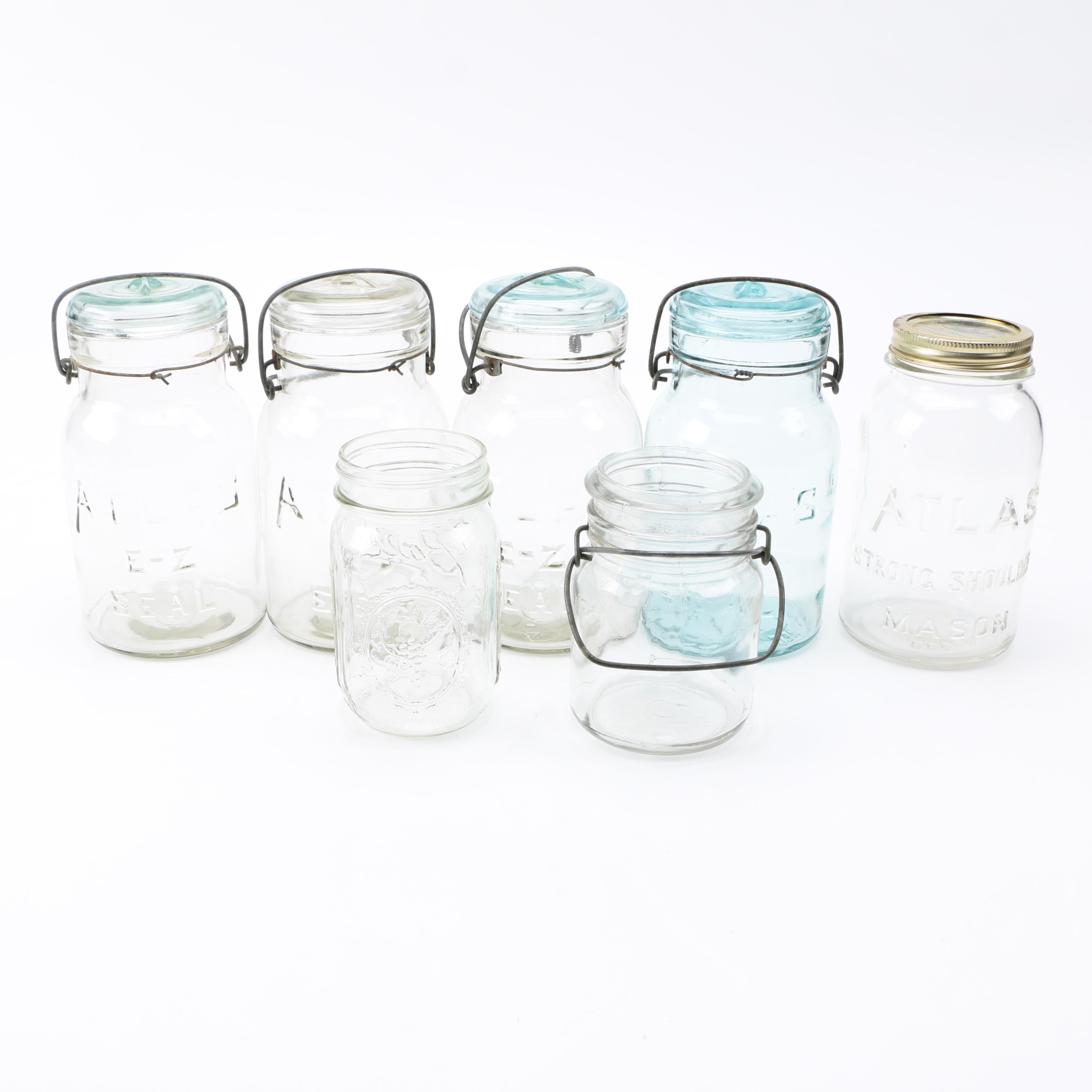 Assorted Glass Mason Jars Including Atlas