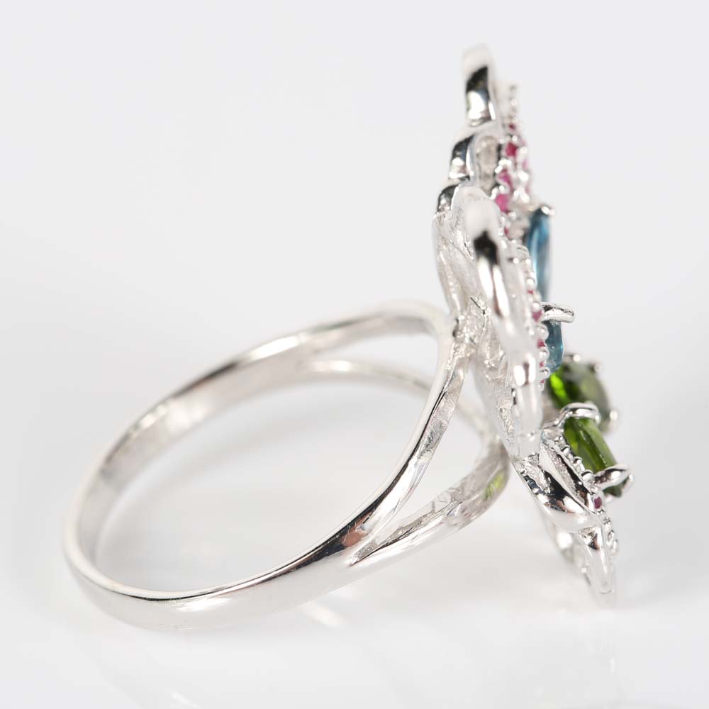 Sterling Silver Butterfly Ring with Rubies, Blue Topaz, Green Tourmaline and Sapphires