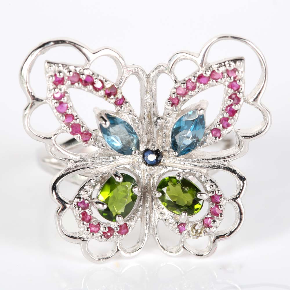 Sterling Silver Butterfly Ring with Rubies, Blue Topaz, Green Tourmaline and Sapphires