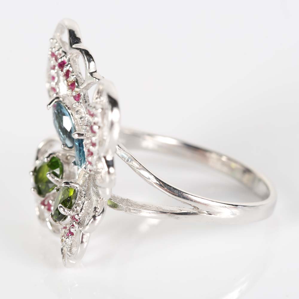 Sterling Silver Butterfly Ring with Rubies, Blue Topaz, Green Tourmaline and Sapphires