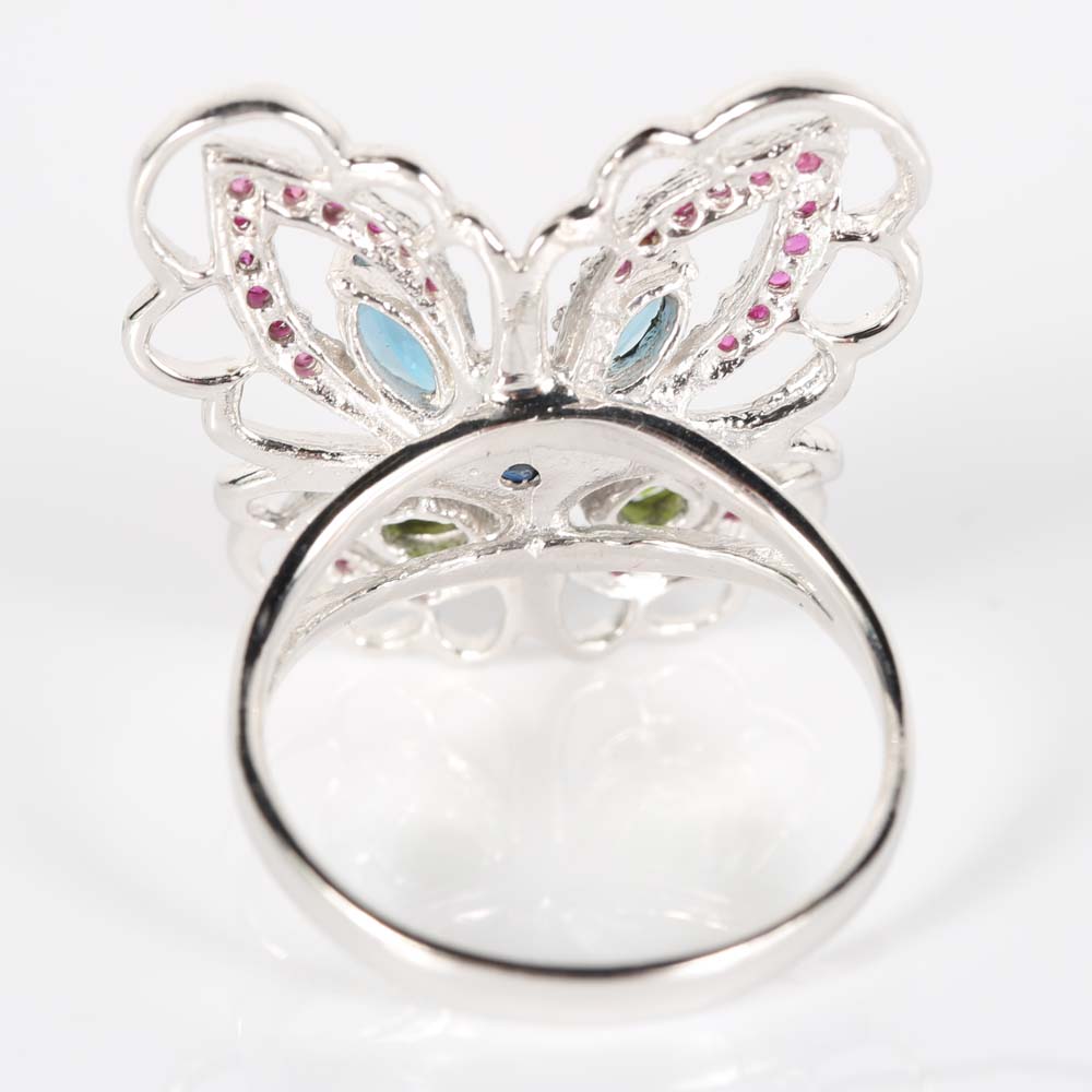 Sterling Silver Butterfly Ring with Rubies, Blue Topaz, Green Tourmaline and Sapphires