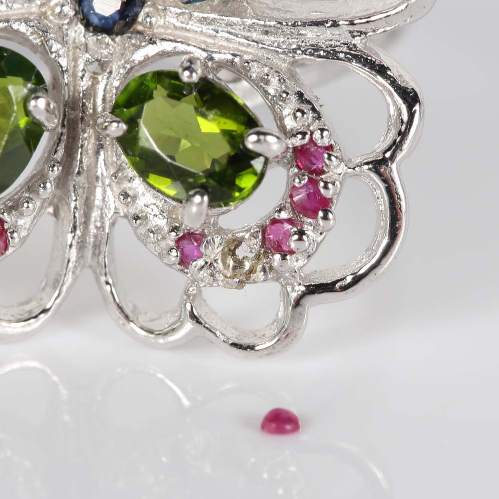 Sterling Silver Butterfly Ring with Rubies, Blue Topaz, Green Tourmaline and Sapphires