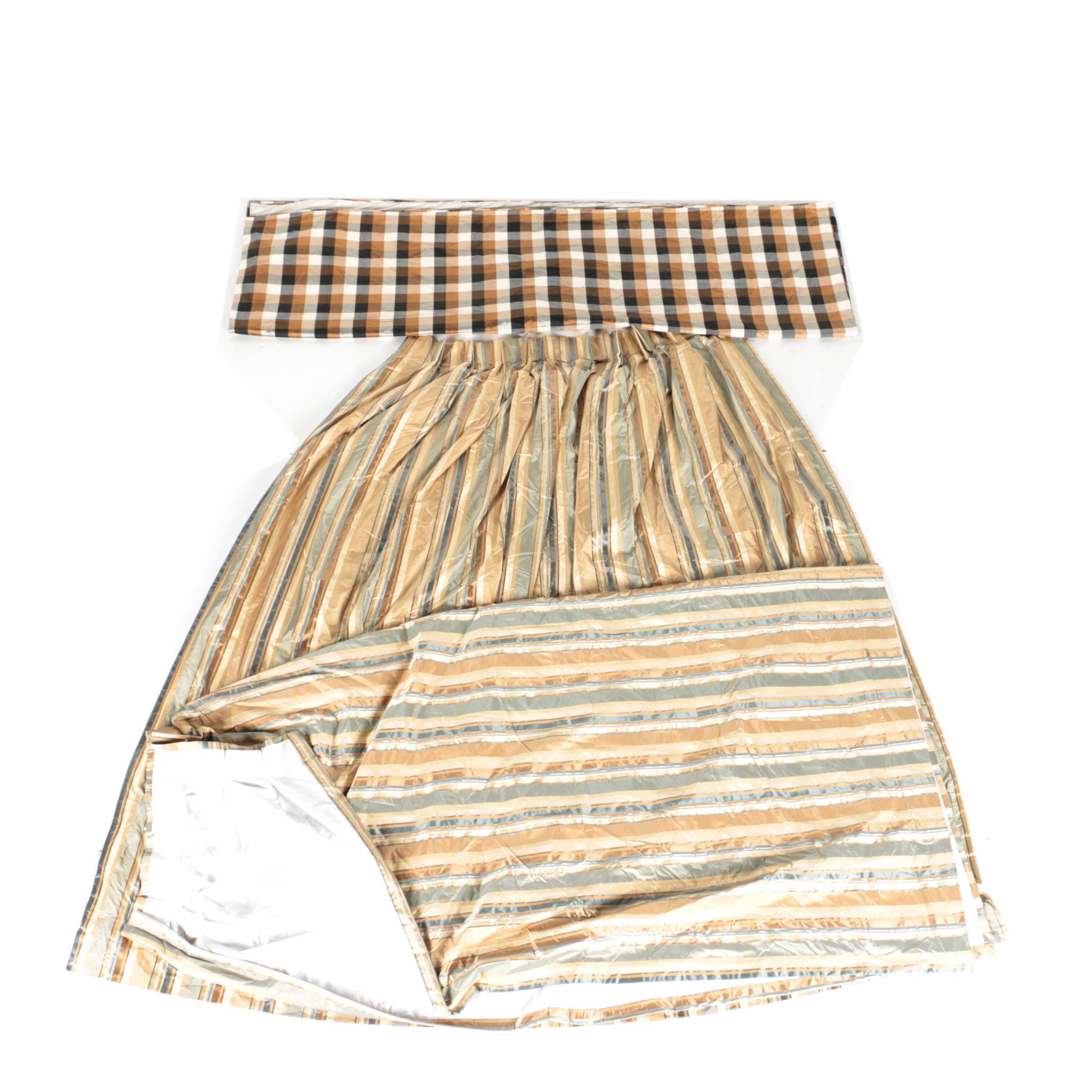 Pair of Striped Curtains and a Plaid Valance