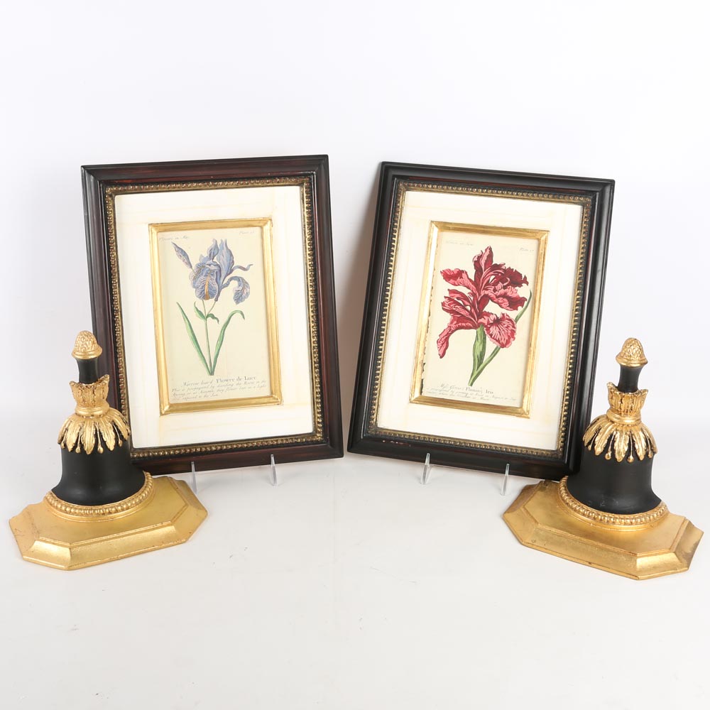Trowbridge Framed Botanical Offset Lithographs and Wall Sconces