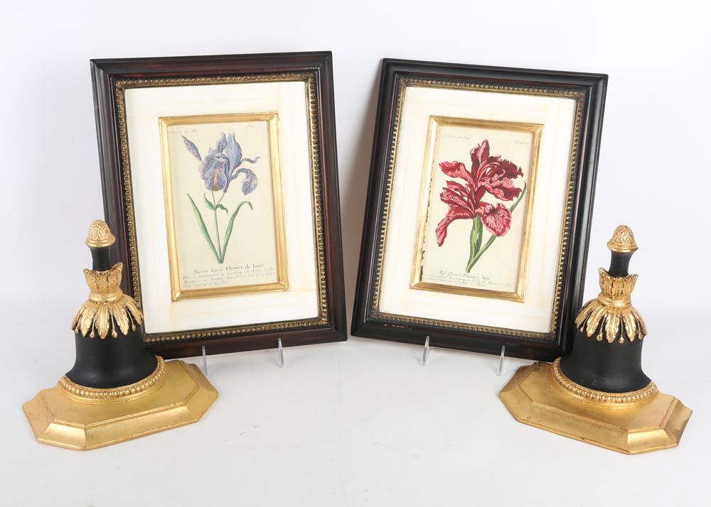 Trowbridge Framed Botanical Offset Lithographs and Wall Sconces