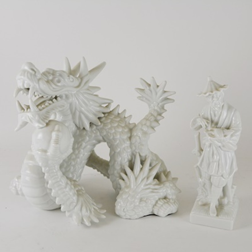 Fitz and Floyd Asian Ceramic Dragon and Traveler Figurines