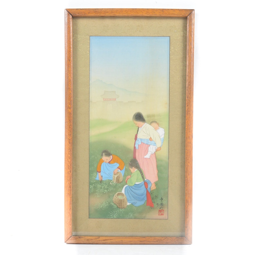 Chinese Gouache on Silk Painting of Mother and Children