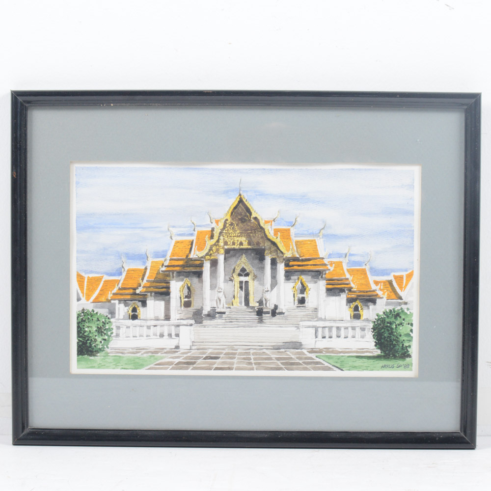 Watercolor Painting "Wat Benjamaborpit"