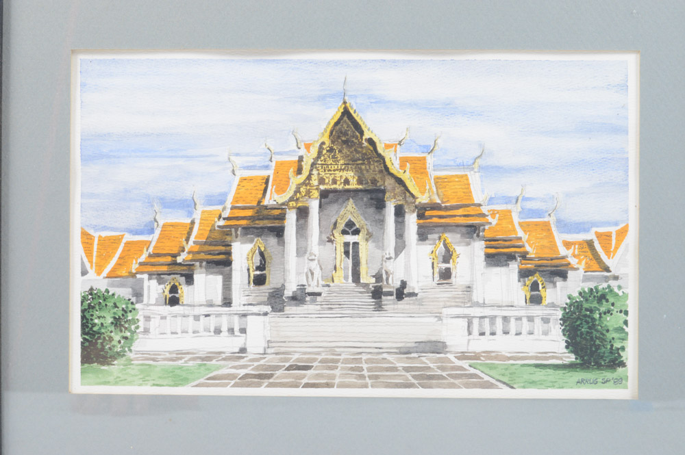 Watercolor Painting "Wat Benjamaborpit"