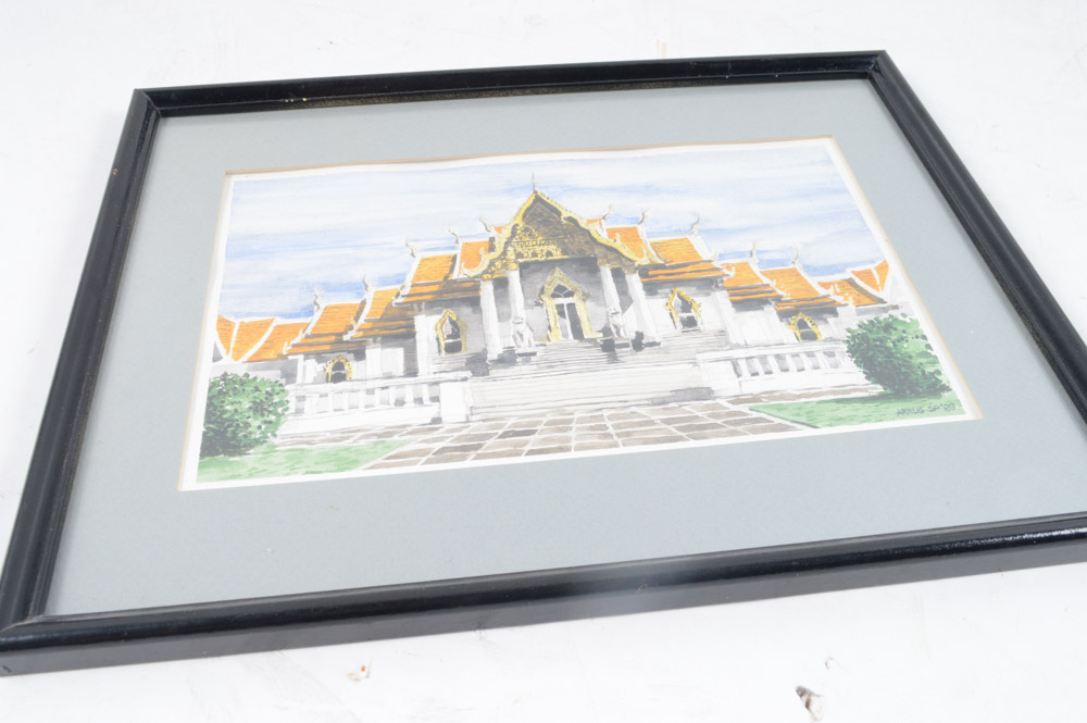 Watercolor Painting "Wat Benjamaborpit"