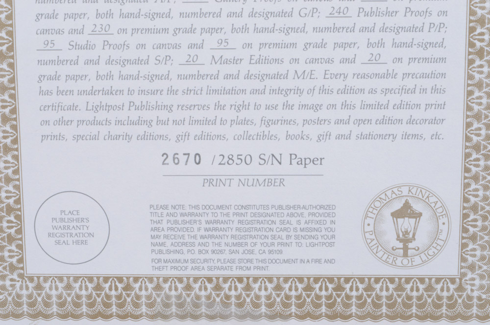 Thomas Kinkade Limited Edition Offset Lithograph "Lamplight Bridge"