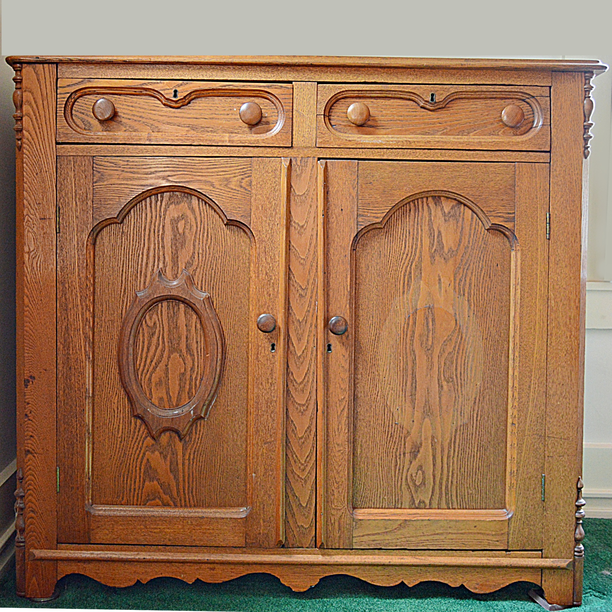 Gothic Victorian Chestnut Cabinet and Wall Mirror