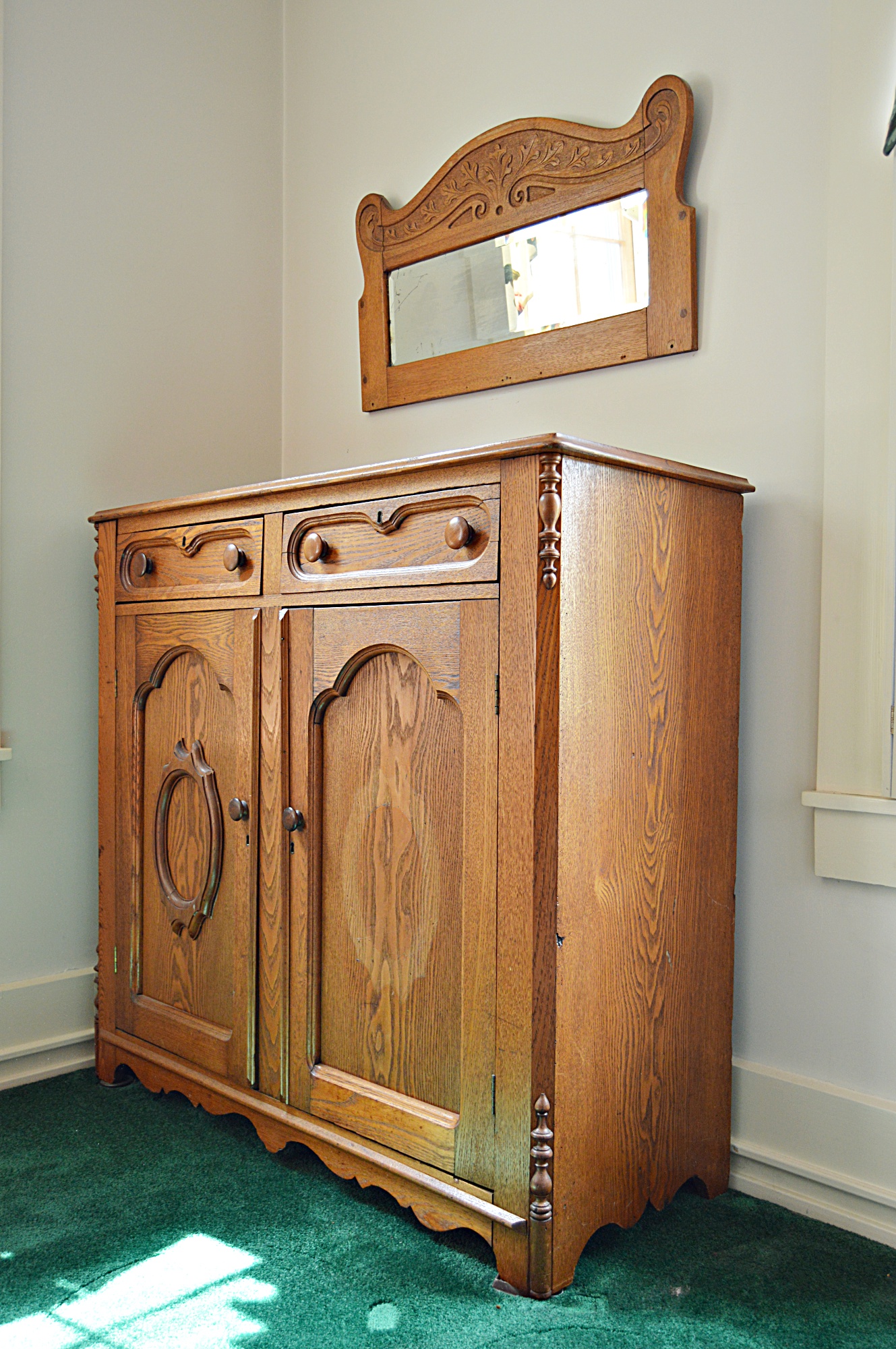Gothic Victorian Chestnut Cabinet and Wall Mirror