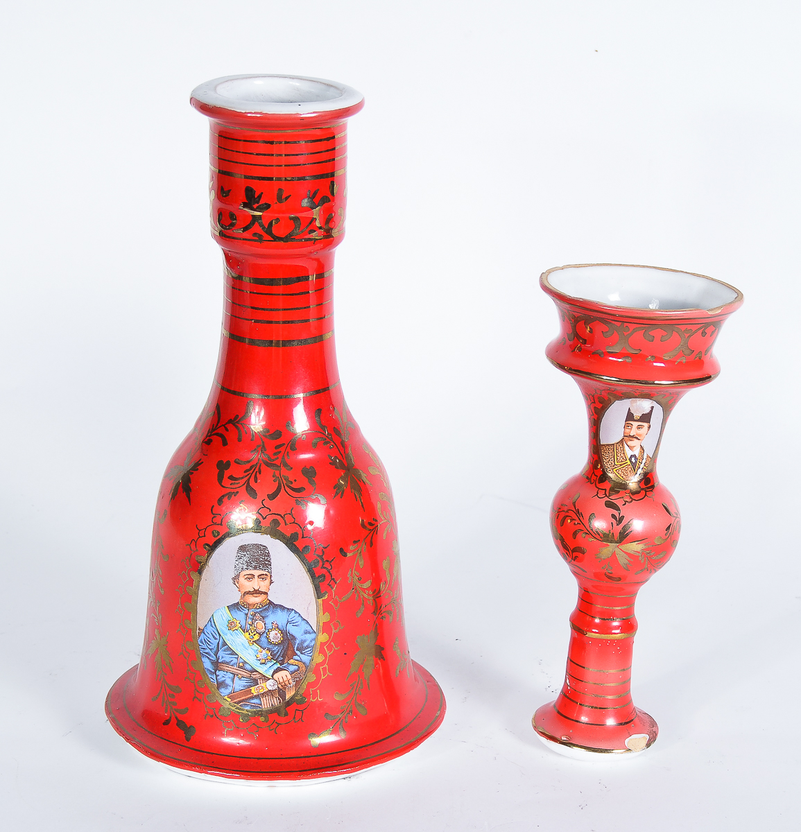 Antique Ceramic Hookah Pieces with 19th Century Shah of Iran Portraits