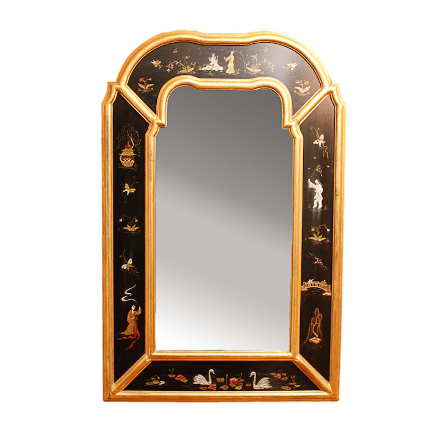 Asian Inspired Gold Tone and Black Wall Mirror