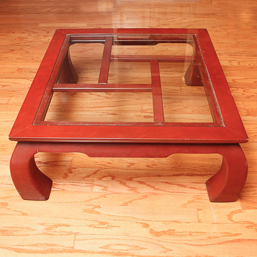 Chinese Inspired Curved-Leg Coffee Table with Glass Top