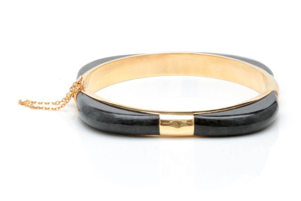 14K Yellow Gold and Black Jade Hinged Bangle Bracelet