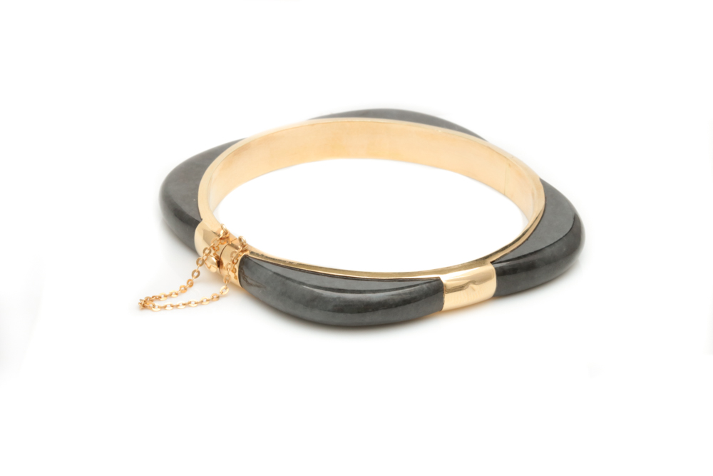 14K Yellow Gold and Black Jade Hinged Bangle Bracelet