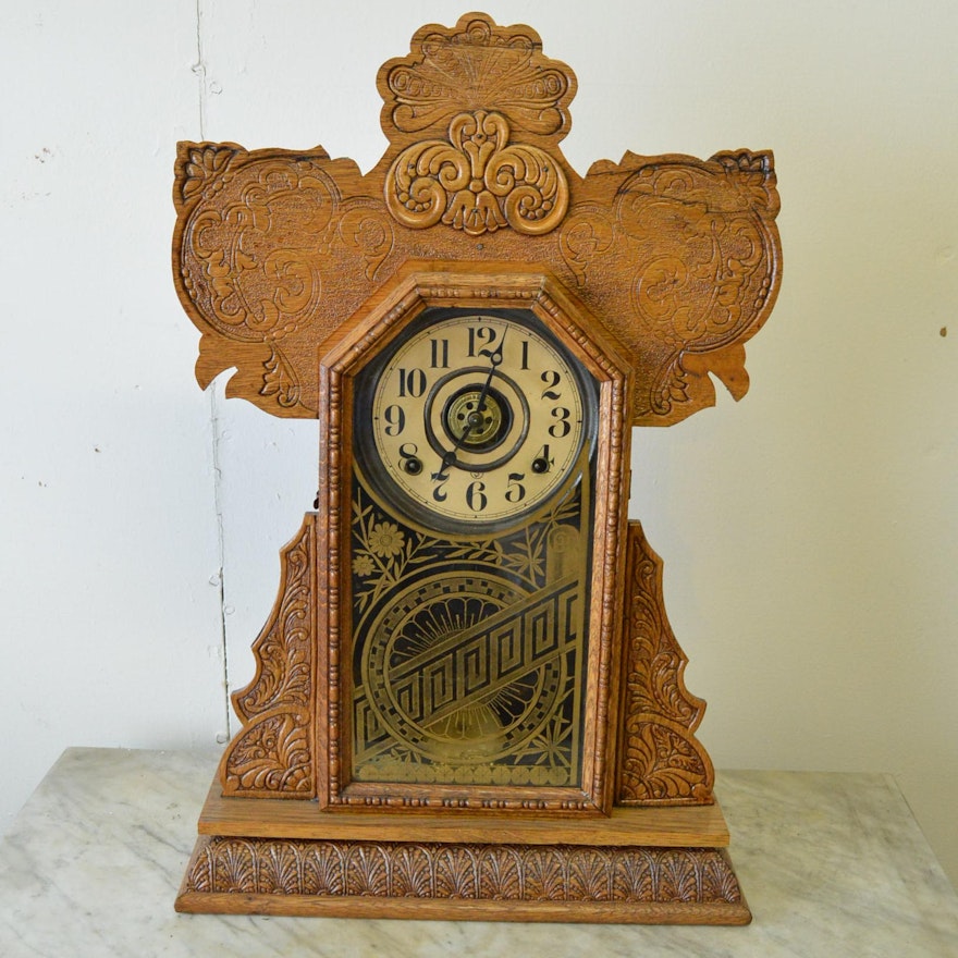 Antique Gingerbread Mantel Clock With Alarm