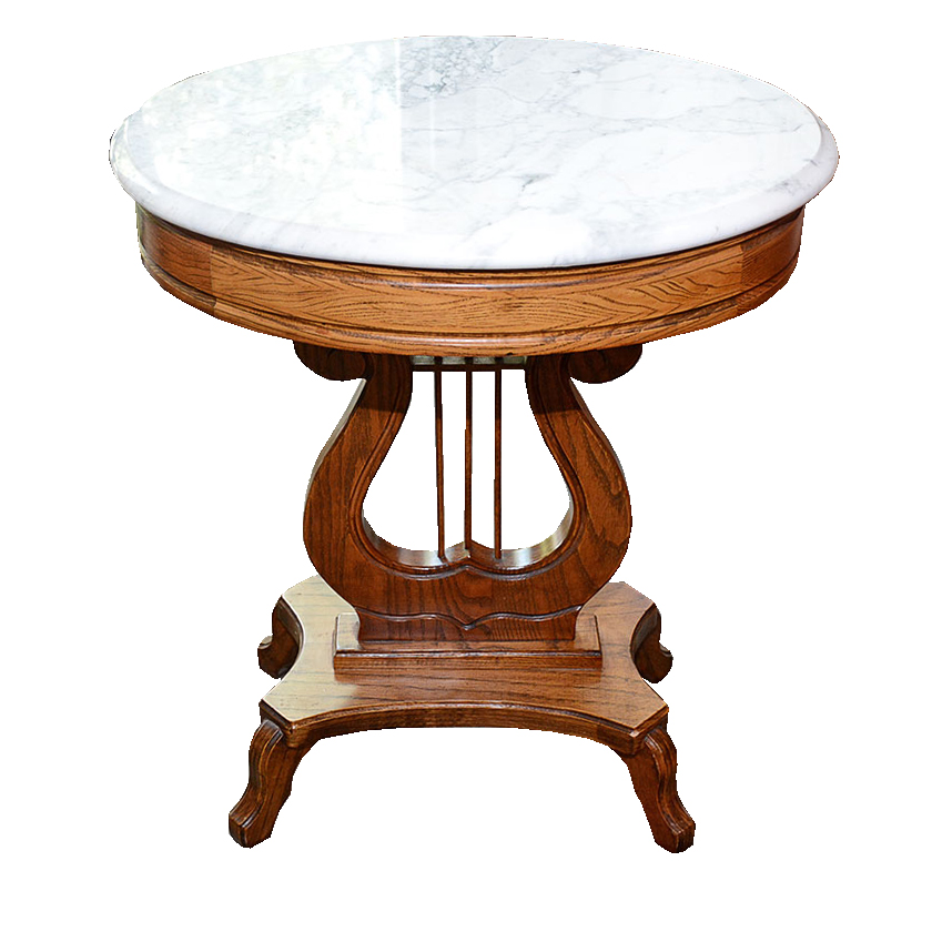 Marble Top Oak Lyre Side Table