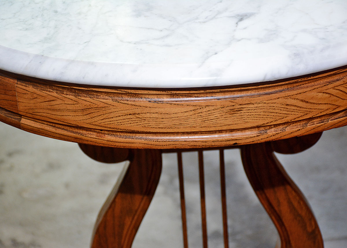 Marble Top Oak Lyre Side Table
