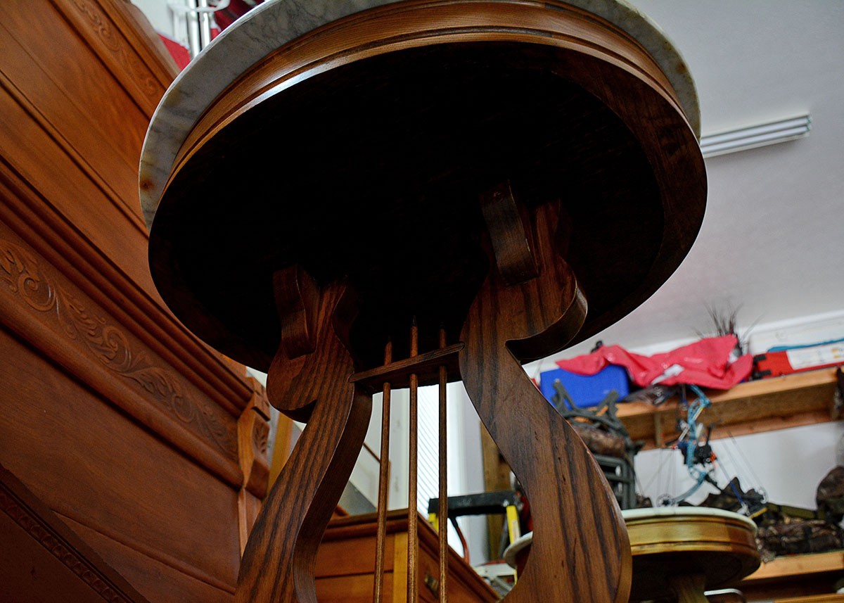 Marble Top Oak Lyre Side Table