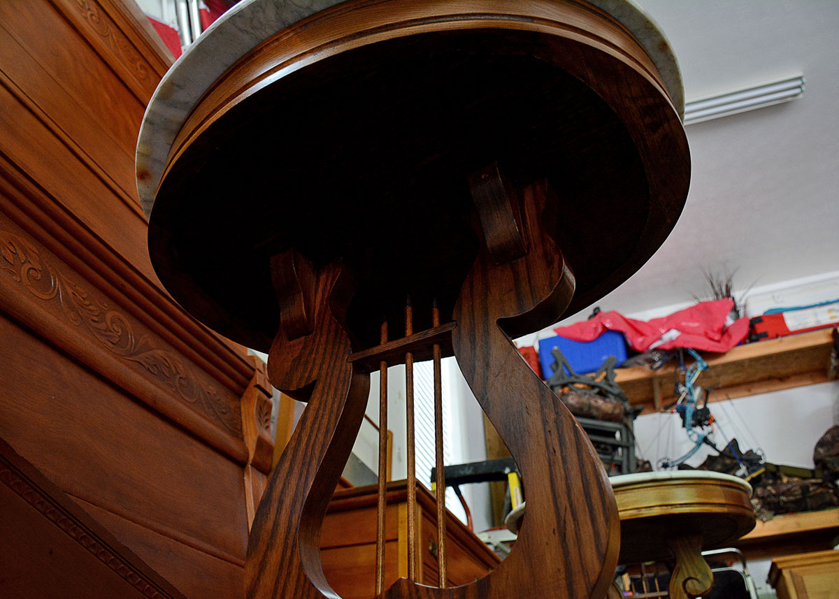 Marble Top Oak Lyre Side Table