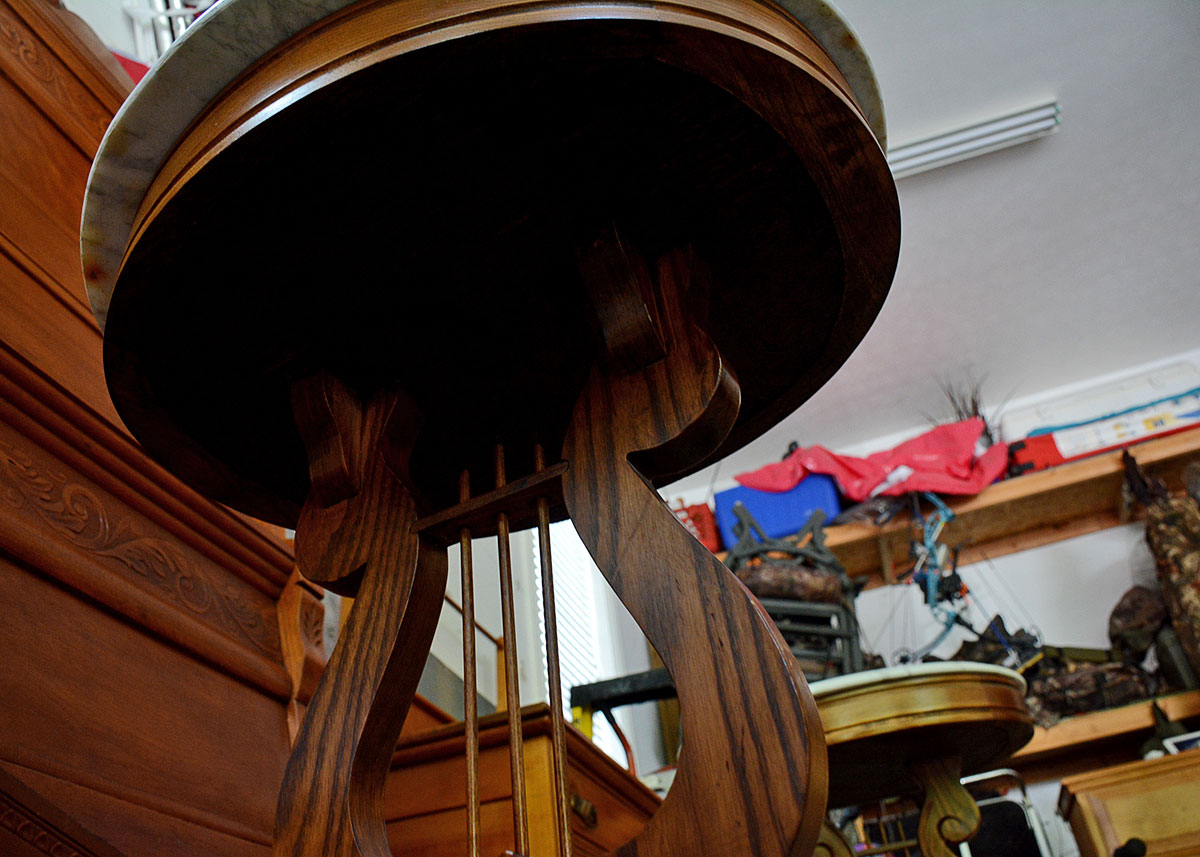 Marble Top Oak Lyre Side Table