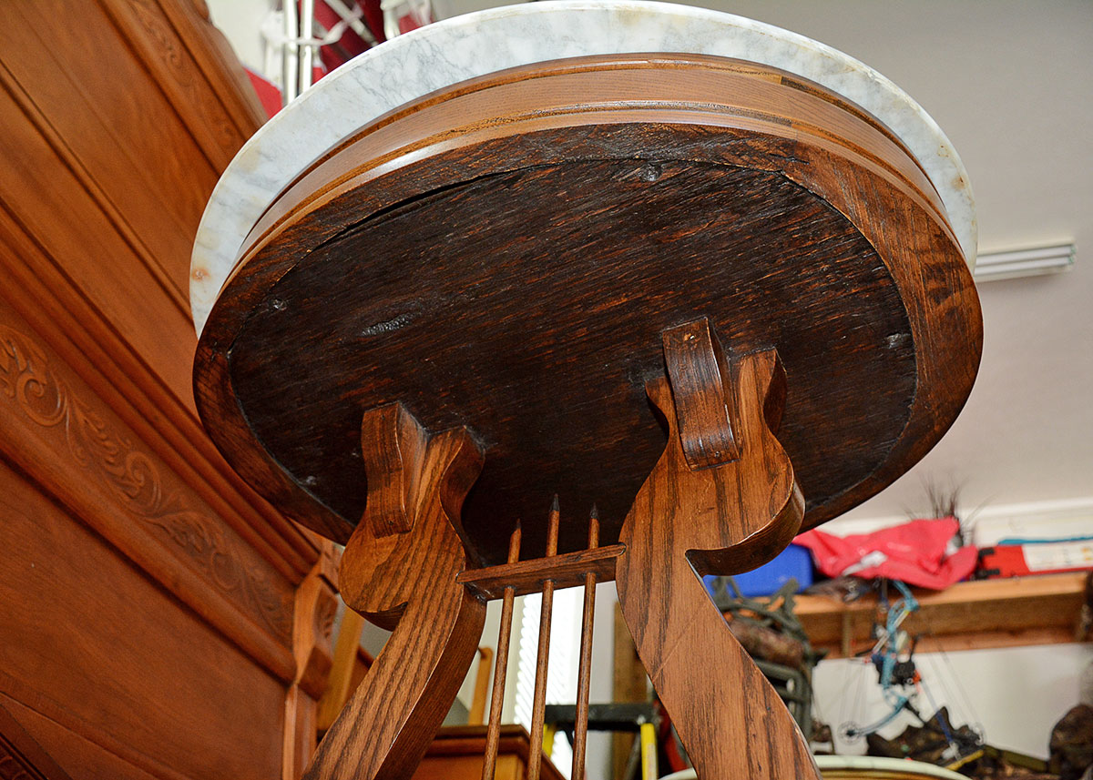 Marble Top Oak Lyre Side Table