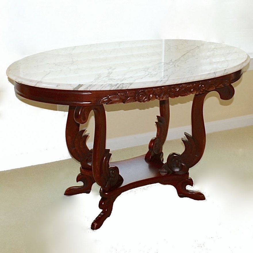 Victorian Marble Top Table with Carved Wood Base